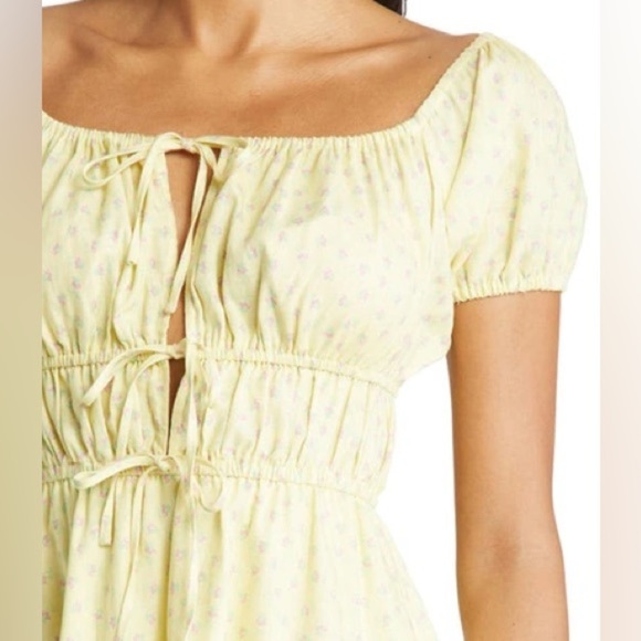 WAYF Sinclair Ditsy Floral Yellow Off The Shoulder Linen Mini Dress Tie Front - Picture 3 of 16